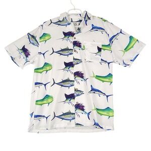 Uzzi Amphibious Gear Fish Print Hawaiian Shirt‎ Men's Medium Short Sleeve